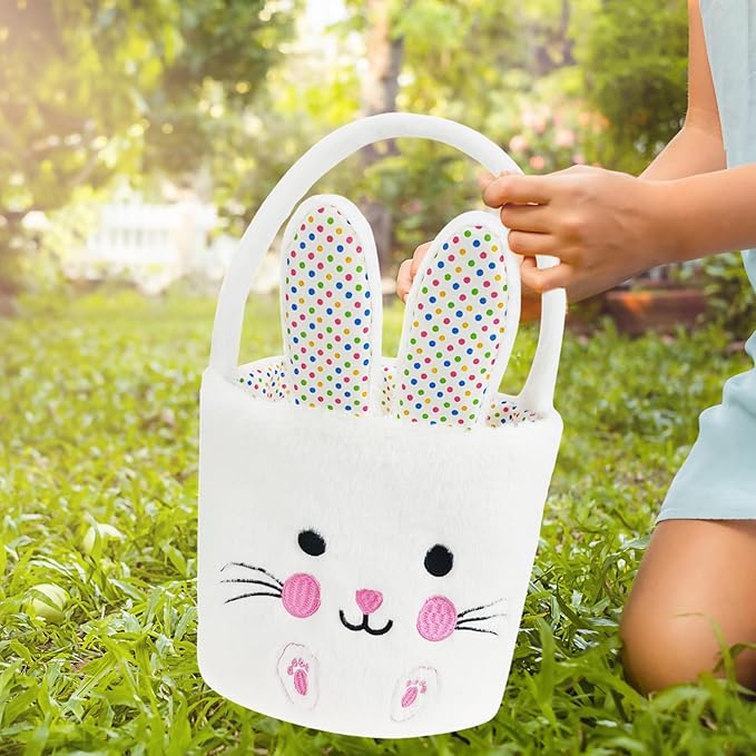 DearSun Exquisite Embroidery ! Personalized Plush Bunny Basket Easter Egg Hunting Basket Easter Basket with Embroidery Name (White Plush Bunny)