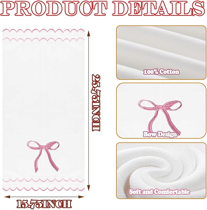 2 Pcs Coquette Bow Hand Towels 15.75 x 27.56 Inch Scalloped Embroidered Dish Towel 100% Cotton Cute Preppy Decorative Bath Hand Towel for Kitchen Bathroom (Pink)