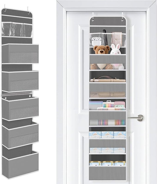 SpaceWhisper Over the Door Organizer, 6 Large Pocket Hanging Storage Organizer with 40lb Capacity, Space Saving for Nursery, Bathroom, Bedroom, Closet - Baby Essentials & Toiletry Organizer (Grey)