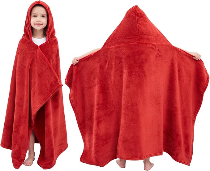 Hiturbo Kids Hooded Bath Towel: Soft Plush Pool Beach Fleece Towel Blanket - 50"x30" Toddler Towels Wrap for Boys Girls 3-12 Years (Red)