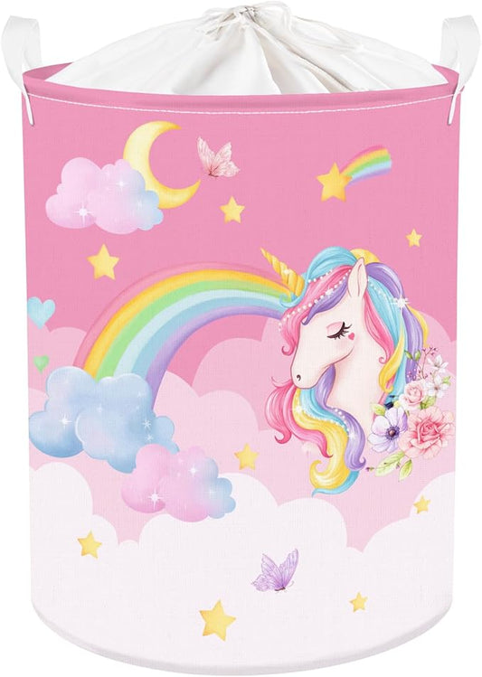Clastyle 63L Unicorn Rainbow Collapsible Laundry Basket Large Pink Dirty Clothes Hamper for Girl Moon Star Flower Toy Storage Basket with Lid, 15.7x19.7 in