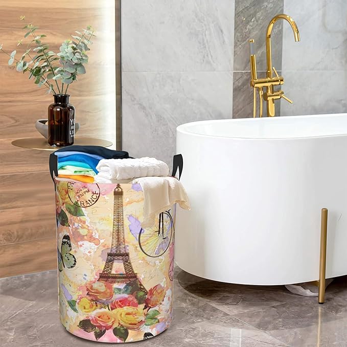 Eiffel Tower Collapsible Laundry Basket,Vintage Rose Butterfly Bedroom Waterproof Laundry Hamper,Bathroom Large Storage Bag,College Dormitory Living Room Nursery Organizer Toy Bin 16" x 20"