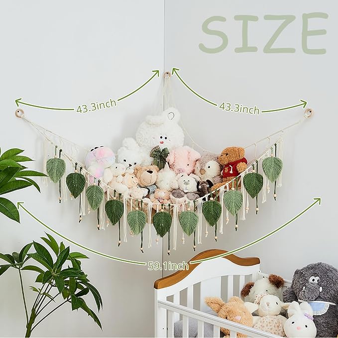 Pretty Jolly Macrame Stuffed Animal Hammock with Beads Hand Woven Leaf Tassels Corner Hanging Net Boho Plush Holder for Toys Kid Room Nursery Decor Organizer for Girls Gift(Sage Green&Avocado Green)