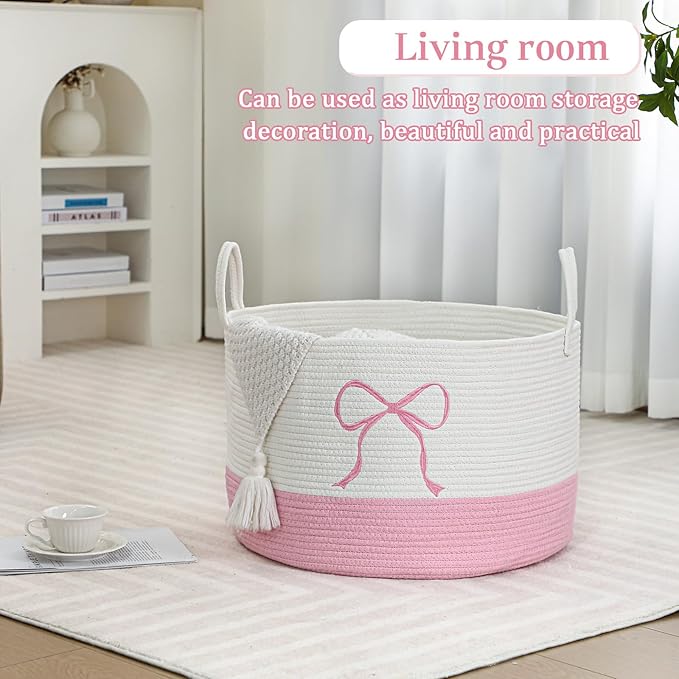 Honeydak Pink Laundry Basket Bow Hamper Cotton Rope Pink Laundry Hamper 13 x 20 Inch Toy Box Large Coquette Bow Girly Nursery Basket Storage for Bedroom Bathroom Blanket Toys Clothes Organization