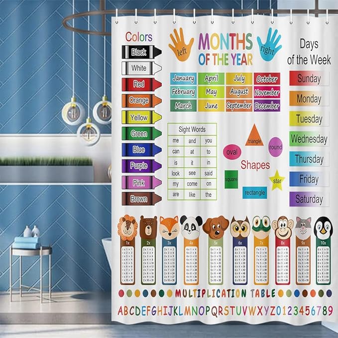 ABC Educational Shower Curtain for Kids, Learning Bathroom Decor Set with Grommets and Hooks, Multiplication Table Theme, Colorful