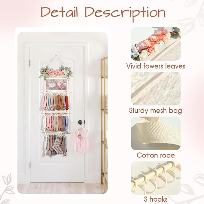 POVETIRE Headband Holder Hair Bows Organizer for Girls, 4-Layer Hair Accessories Display Storage Wall Hanging Decor for Baby Nursery Toddler Girls Room