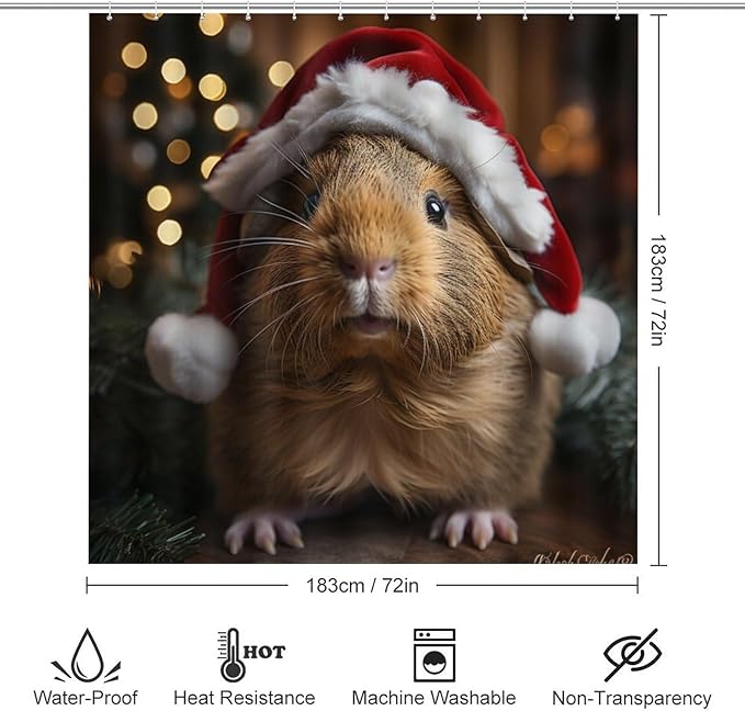 4 Piece Shower Curtain Sets Pet Guinea Pig Wear Red Santa Hat with Non-Slip Rugs Toilet Lid Cover and Bath Mat Funny Farmhouse Animal Guinea Pig Piggy Bathroom Decor Set with Accessories