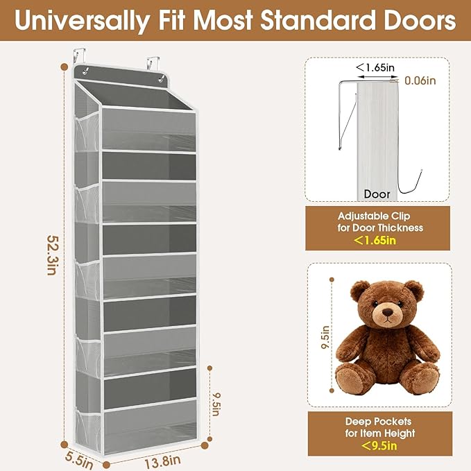 WISELIFE Over The Door Organizer Storage with 5 Large Pockets Door Hanging Organizer with Clear Windows Behind The Door Storage for Nursery Bedroom Bathroom Pantry Closet and Baby Essentials Grey