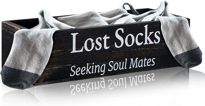 Farmhouse Missing Sock Basket - Wooden Laundry Room Organization - Rustic Farmhouse Decor - Funny Lost Socks Sign (Black, 9.4 x 3.94 x 2.36'')