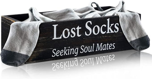 Farmhouse Missing Sock Basket - Wooden Laundry Room Organization - Rustic Farmhouse Decor - Funny Lost Socks Sign (Black, 9.4 x 3.94 x 2.36'')
