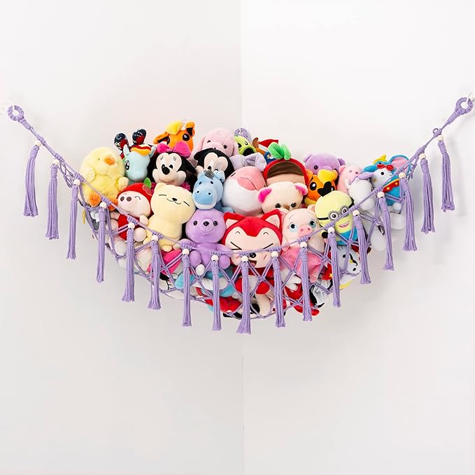Stuffed Animals Hammock Corner Hanging Net with Wooden Beads Macrame Stuffed Animal Storage Ideas Plush Holder Toy Organizer for Boho Nursery Playroom Bedroom Kids Room Decor (purple, X-Large)