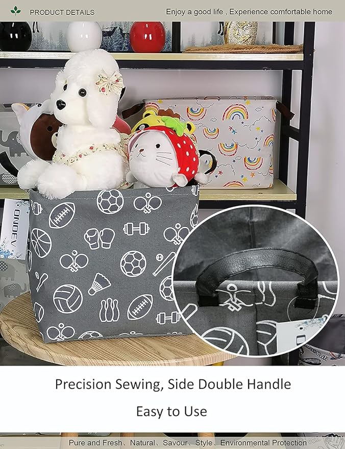 Square Folding Laundry Basket, waterproof Canvas Basket,gift basket,Suitable for children's room,Office,Clothes,Toys Storage(Grey Sports Ball)