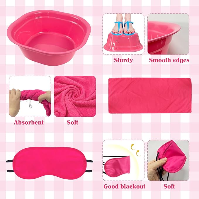 36 Pcs Kids Foot Spa Kit for Girls, Spa Party Supplies for Girls with 12 Pcs Foot Tub & 12 Pcs Pink Hand Towels & 12 Pcs Eye Masks for Girls Sleepover Slumber Party Supplies (Rose)