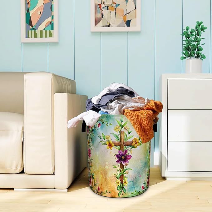 Cross Flowers Laundry Basket Christian Oxford Cloth Laundry Hamper With Handle Foldable Portable Clothes Storage Basket 18.9 X 16.5 Inch Storage Bag For Laundry Room/Bathroom/Bedroom/Dormitories