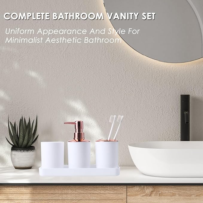 9 Pieces White Bathroom Accessories Set Gorgeous Gold Bathroom Set, Trash Can, Toilet Brush, Soap Dispenser, Toothbrush Holder, Soap Dish, Tumber, Qtip Holder, Tray, Sink Countertop Set