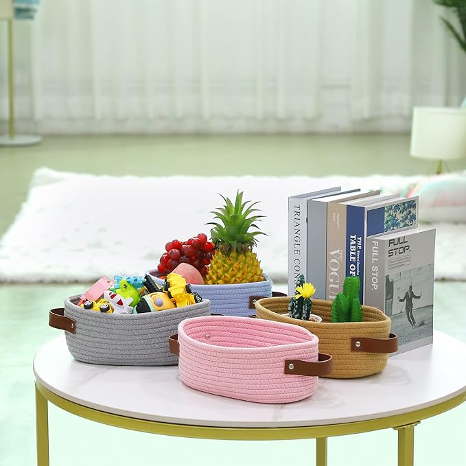 ABenkle Small Woven Basket, Mini Cotton Rope Storage Baskets, Tiny Easter Basket, Shelf Basket, Oval Decorative Toy Dog Cat Bin for Nursery, Empty Gift Basket, 9.4" x 5.9" x 3.9" XS