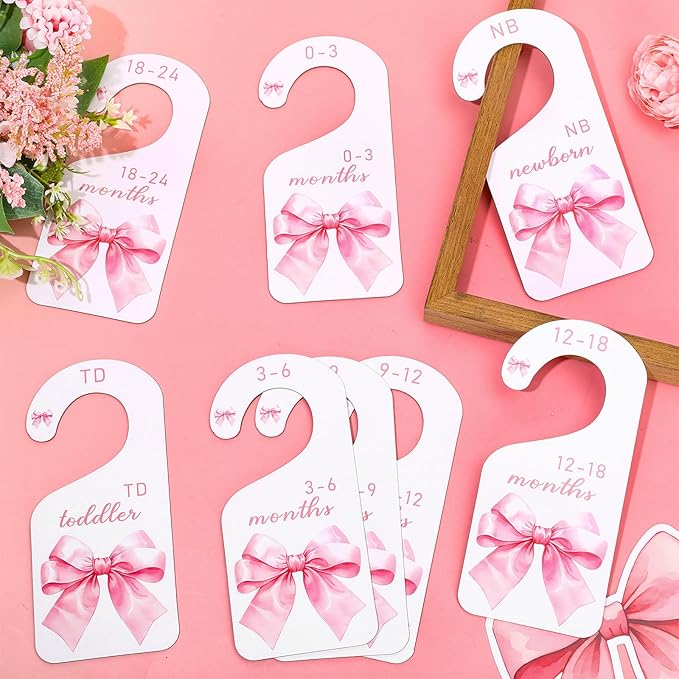 8Pcs Pink Bow Baby Closet Dividers Watercolor Bowknot Hanging Paper Closet Organizer Thicken Baby Wardrobe Organizer for Home Nursery Baby Shower