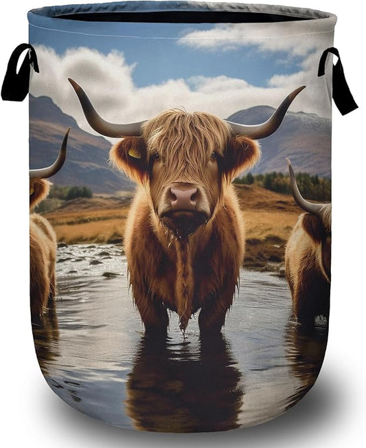 Scottish Highland Cattle Laundry Basket, Laundry Hamper Collapsible Oxford Cloth with Handle Clothes Toy Storage Bin for Bathroom Laundry Room Bedroom 15.7 X 20 Inch