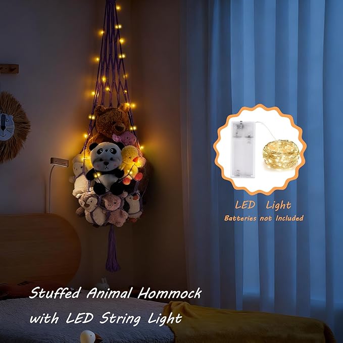 Stuffed Animal Hammock Corner Net with LED Light Plushies Storage Hammock for Stuffed Animals Boho Room Decor Macrame Wall Decor