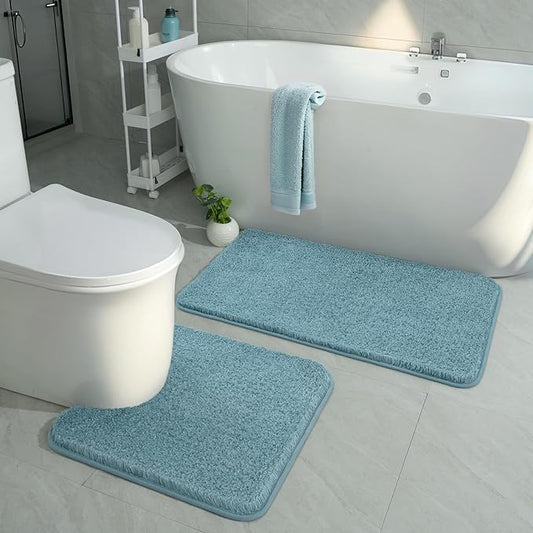 HOMORE Bathroom Rug Set 2 Piece, Soft Absorbent Bath Mats Set,Machine Washable Spa Blue Bath Rug Sets for Bathroom Non Slip,(21"x34"+21"x21") Plush Shaggy U Shape Contour Toilet