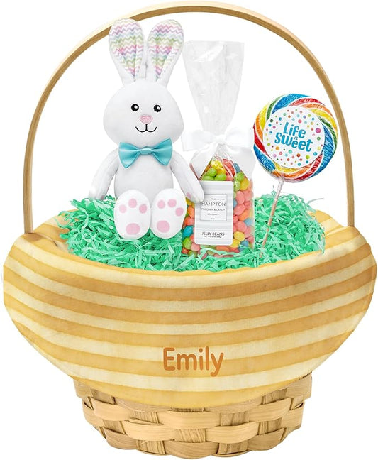 Let's Make Memories Personalized Easter Basket for Kids- For Boys - For Girls - Create Your Own - Fillable - Wicker - Easter Basket Stuffers - Large - Yellow Watercolor Stripes