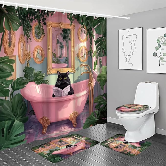 4pcs Funny Cat Shower Curtain Sets with Bath Mat Toilet Lid Cover U Shape Rug Boho Cute Black Kitten in Bathtub Tropical Green Plant Leaves Pink Cute Cartoon Animal Pink Bathroom Set 16"x24"