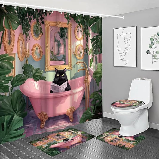 4pcs Funny Cat Shower Curtain Sets with Bath Mat Toilet Lid Cover U Shape Rug Boho Cute Black Kitten in Bathtub Tropical Green Plant Leaves Pink Cute Cartoon Animal Pink Bathroom Set 18"x30"