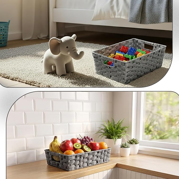 Set of 3 Large Wicker Storage Baskets for Shelves, Wicker Basket for Organizing, Waterproof Woven Baskets for Shelves and Pantry, Toilet, Bathroom, Bedroom, Patio(Gray)