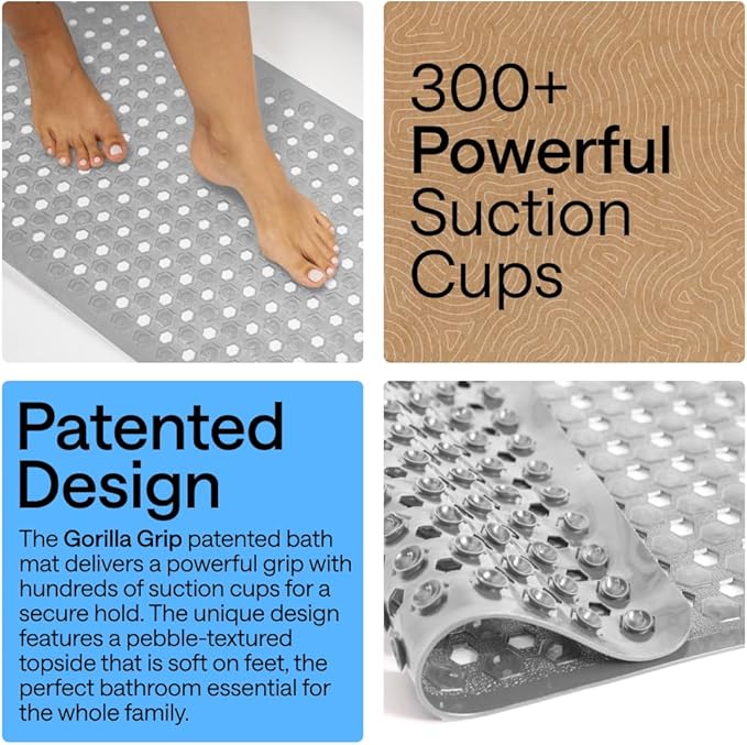 GORILLA GRIP Patented Bath Tub Shower Mat, Machine Washable Bathtub Floor Liner Mats, Suction Cups and Drain Holes to Keep Tubs Clean, Soft on Feet, Bathroom Essentials, 35x16 Inch, Gray Opaque