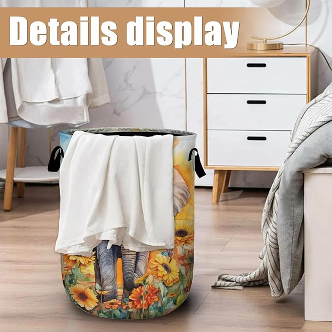 Watercolor Elephant Sunflower Laundry Basket, Foldable Wild Animals Laundry Hamper Tote Bag Dirty Clothes Storage Bucket Toy Organizer for Bathroom/Laundry/Bedroom 15.7"x19.6"