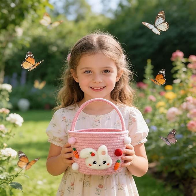 Cute Rabbit Easter Basket, 2026 New Soft & Durable Woven Easter Bunny Basket for Egg Hunt, Personalized Easter Basket with Handle for Boys, Girls, Easter Party Supplies (Pink 7.87 Inches)