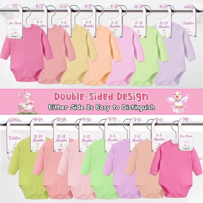 Baby Closet Dividers 8PCS, Pink Goose Themed Wooden Double-Sided Clothes Size Hanger Organizer from Newborn to Toddler for Nursery Decor Baby Shower Birthday Gift