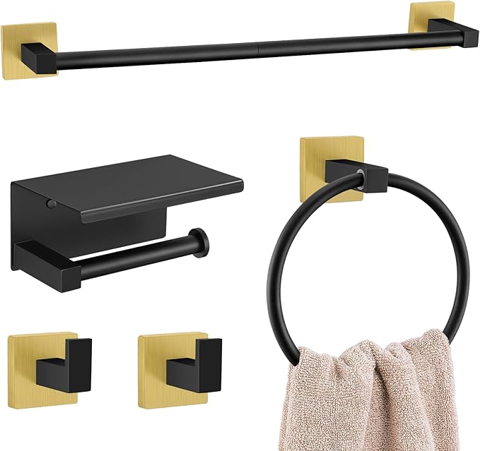 5-Piece Bathroom Hardware Set Black Gold Bathroom Hardware Accessories Set Upgraded Toilet Paper Holder with Shelf Towel Holder Set for Bathroom Stainless Steel Wall Mounted