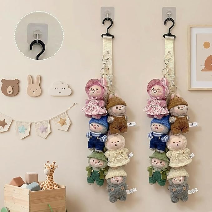 Plush Doll Hanging Storage Rope Display Rack with 8 Clips – Wall Hanging Organizer for Keychain Plushies, Mini Toys– Holds up to 3kg (2 PCS White)
