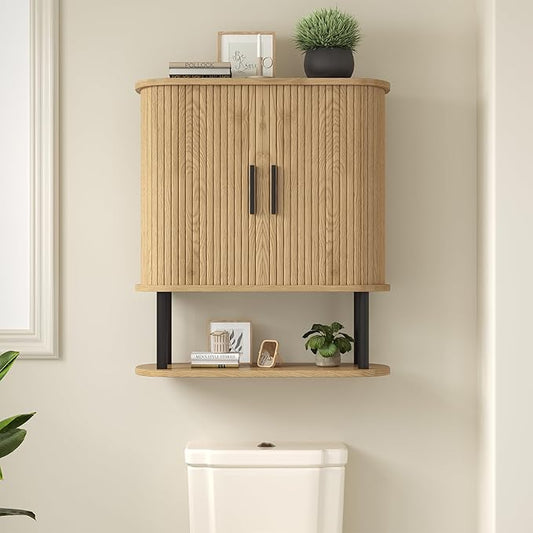 Bathroom Wall Cabinet, Over The Toilet Cabinet with Sliding Doors and Adjustable Shelf, Space Saver, Wall Mounted Medicine Cabinet for Laundry Room & Kitchen & Living Room, Natural