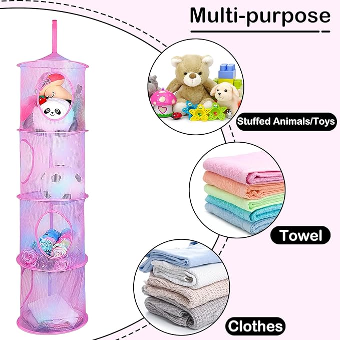 Basumee Stuffed Animals Net or Hammock 2 Pcs Stuffed Animals Storage Toy Net Hammock for Plushies Storage Organizer Mesh Kids Girls Room Decor, Pink, 4 Tiers