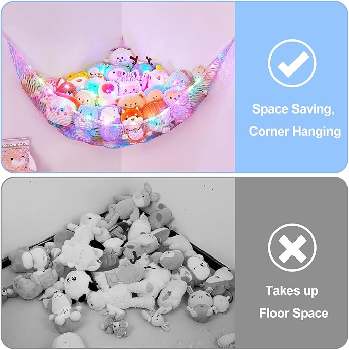 Basumee Stuffed Animals Net or Hammock with LED Light Hanging Toy Net Hammock for Stuffed Animals Storage Stuff Animals Hammocks for Nursery Room with Remote Control, 8 Kinds of Lights(Pack of 1)
