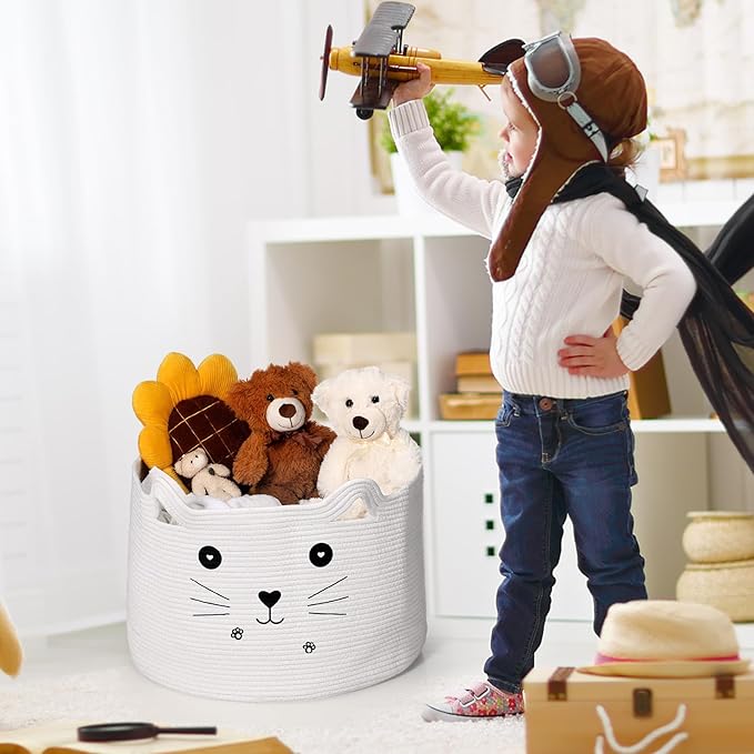 Zopeal Cat Basket Storage Woven Organizer with Ears Christmas Decorative Pet Toy Cute Cotton Rope Basket for Gift Cat Dog Toy Bin Nursery Room(21.7 x 13.8 Inch,White)