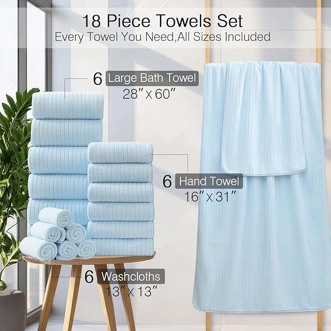 Hailea 18 Piece Family Bath Towel Set Include 6 Bath Towels,6 Hand Towels and 6 Washcloths Soft Bathroom Towel with Hanging Loops,Highly Absorbent Quick Dry Towels Set for Bathroom,Hotel and Spa-Blue