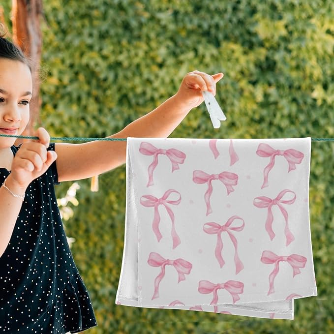 2 Pcs Cute Pink Bows Hand Towels for Bathroom,Soft Absorbent Decorative Watercolor Bowknot Kitchen Towels Aesthetic Girly Bow Pink White Guest Bathroom Towels for Bath,Face,Shower,Gym 14"x28"