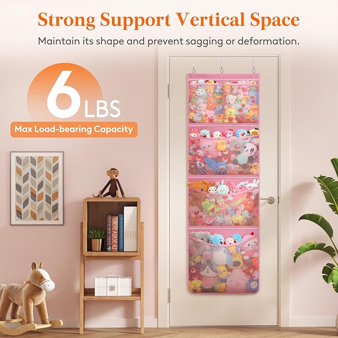 Lifewit Stuffed Animal Storage, Over the Door Organizer with 5 Expandable Mesh Pockets, Breathable Oxford Fabric Hanging Kid Baby Plush Toy Holder for Nursery, 167 cm (65.8'') High, Pink, 1 Pack