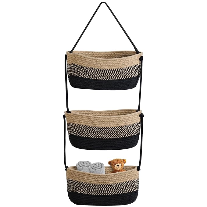Over The Door Organizer Hanging Basket for Nursery Decor Stuffed Animal Storage Baskets Boho Wall Decor Basket for Bathroom Bedroom Playroom - Black&Beige