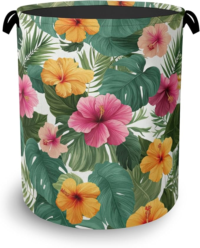 Hibiscus Laundry Basket,Palm Leaves Foldable Oxford Cloth Tote Bag Laundry Hamper Clothes Storage Bucket Organizer for Bedroom Laundry Storage Dormitories 16" x 20.8"