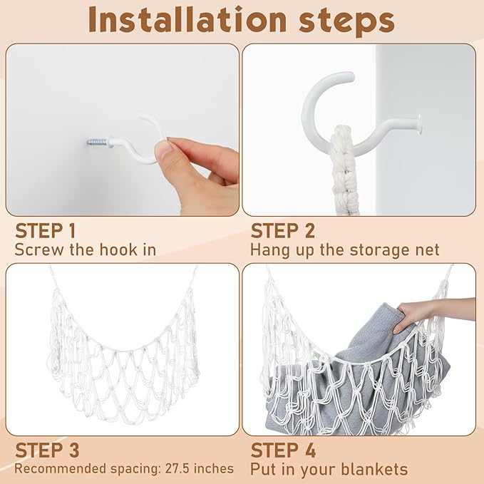 Photect 1 PC Wall Blanket Holder Large Plush Net Wall Mounted Blanket Storage Hanging Toy Hammock Organizer for Living Bedroom Huge Capacity