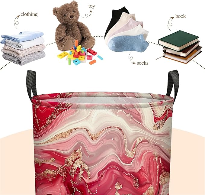 Pink Marble Print Laundry Hamper for Women Girls, Large Canvas Collapsible Organizer Storage Basket for Nursery,Office,Toy Organizer,Home,Decor - 19.7" X 15.7 "