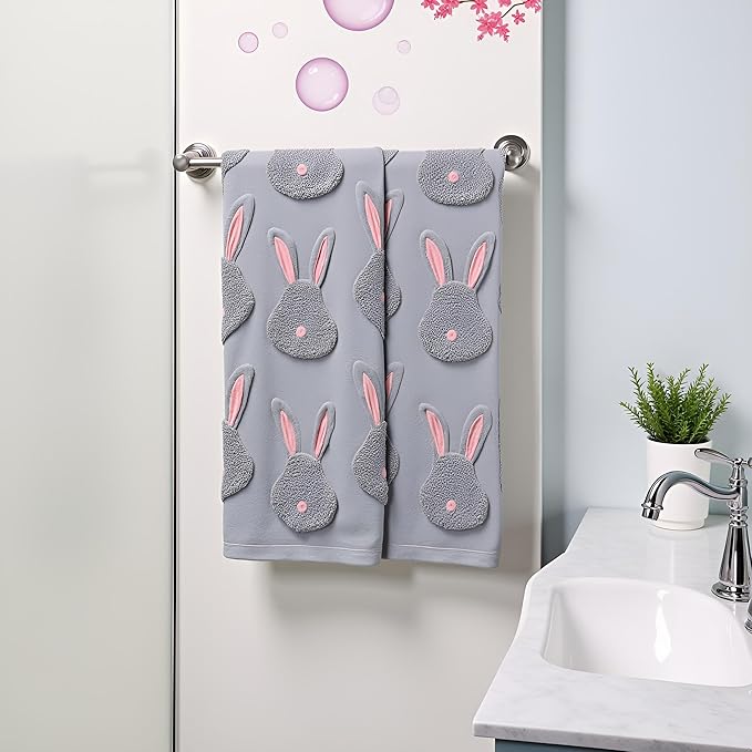 2pcs Easter Bunny Hand Towels Set 100% Cotton Soft Absorbent Spring Bathroom Hand Towels 14x29 Inch Cute Jacquard Easter Kitchen Decor Towels Holiday Kitchen Bathroom Decor Gift(Grey)
