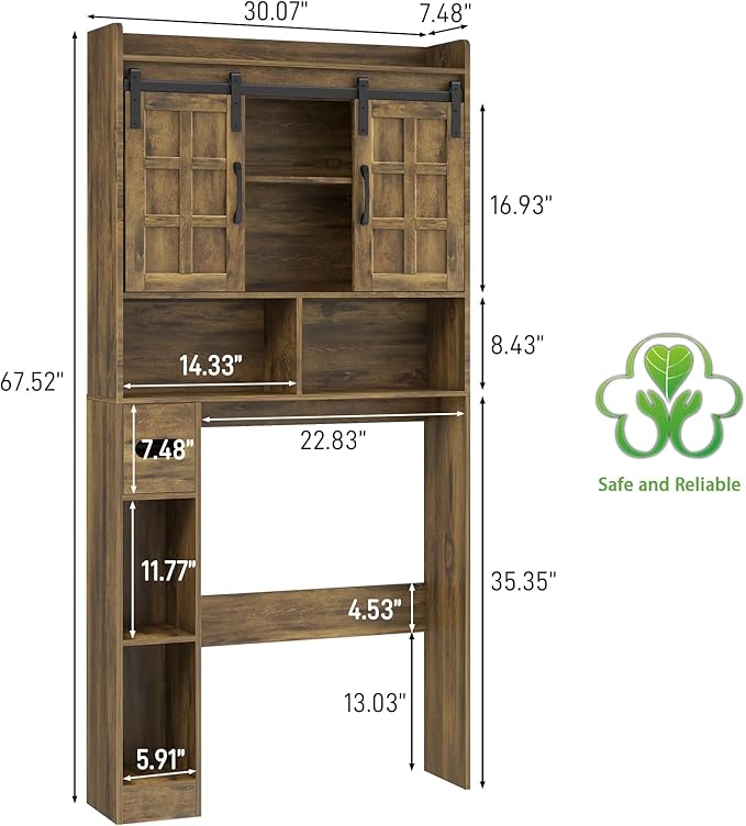 Over The Toilet Storage Cabinet, Farmhouse Storage Cabinet Over Toilet with Sliding Doors，Home Space-Saving Toilet Rack, for Bathroom, Restroom, Laundry(Brown