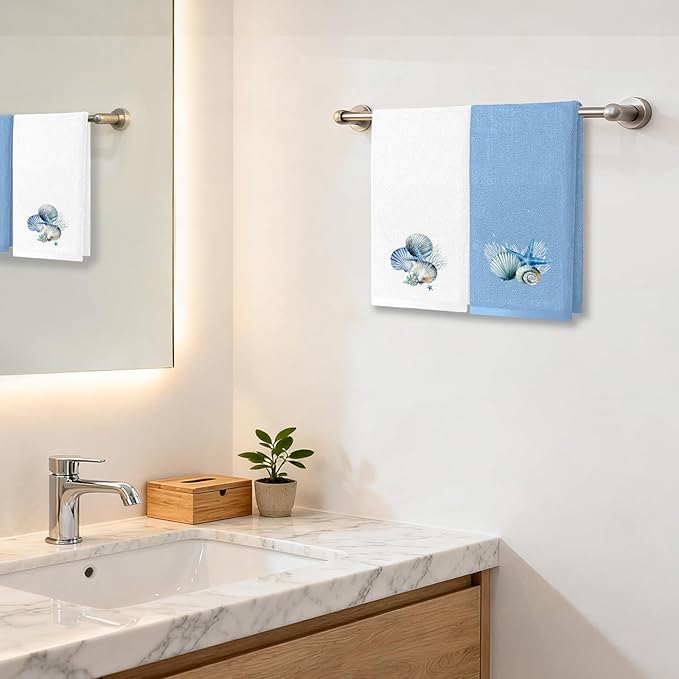 4 Pcs Ocean Hand Towels for Bathroom Shells Hand Towels Blue Embroidered Towel Coastal Bath Towel Decorative Set Bathroom Decor Bath Shower Farmhouse Decor Housewarming Gift Shell Home Essentials