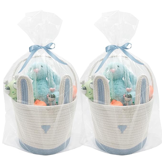 2 Pack Large Woven Easter Baskets for Boys & Kids - Empty Basket with Gift Bags and Ribbons Cute Easter Decorations Bunny Ears Designs Blue