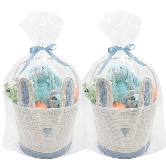 2 Pack Large Woven Easter Baskets for Boys & Kids - Empty Basket with Gift Bags and Ribbons Cute Easter Decorations Bunny Ears Designs Blue